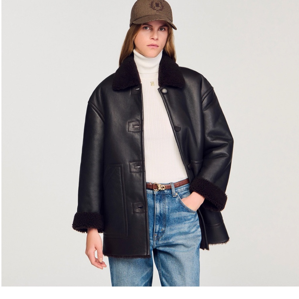 Sandro Black Shearling-Trim Leather Jacket